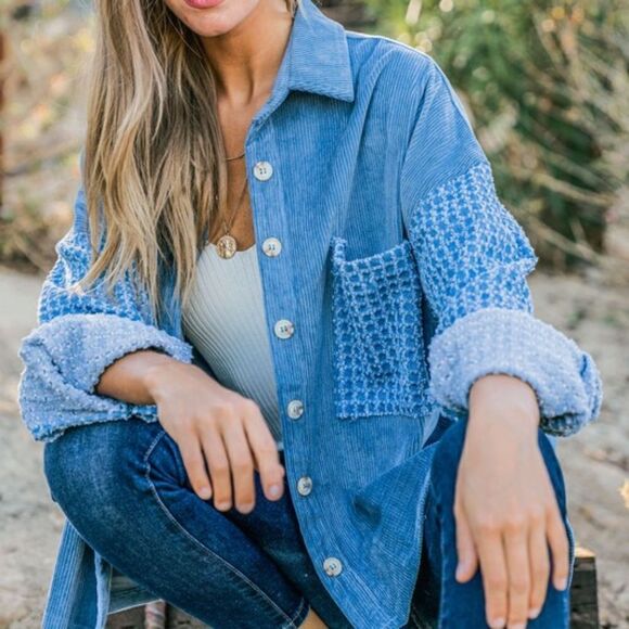 Cozy Corduroy Pockets Button Down Denim Jacket Shacket - Picture 1 of 14
